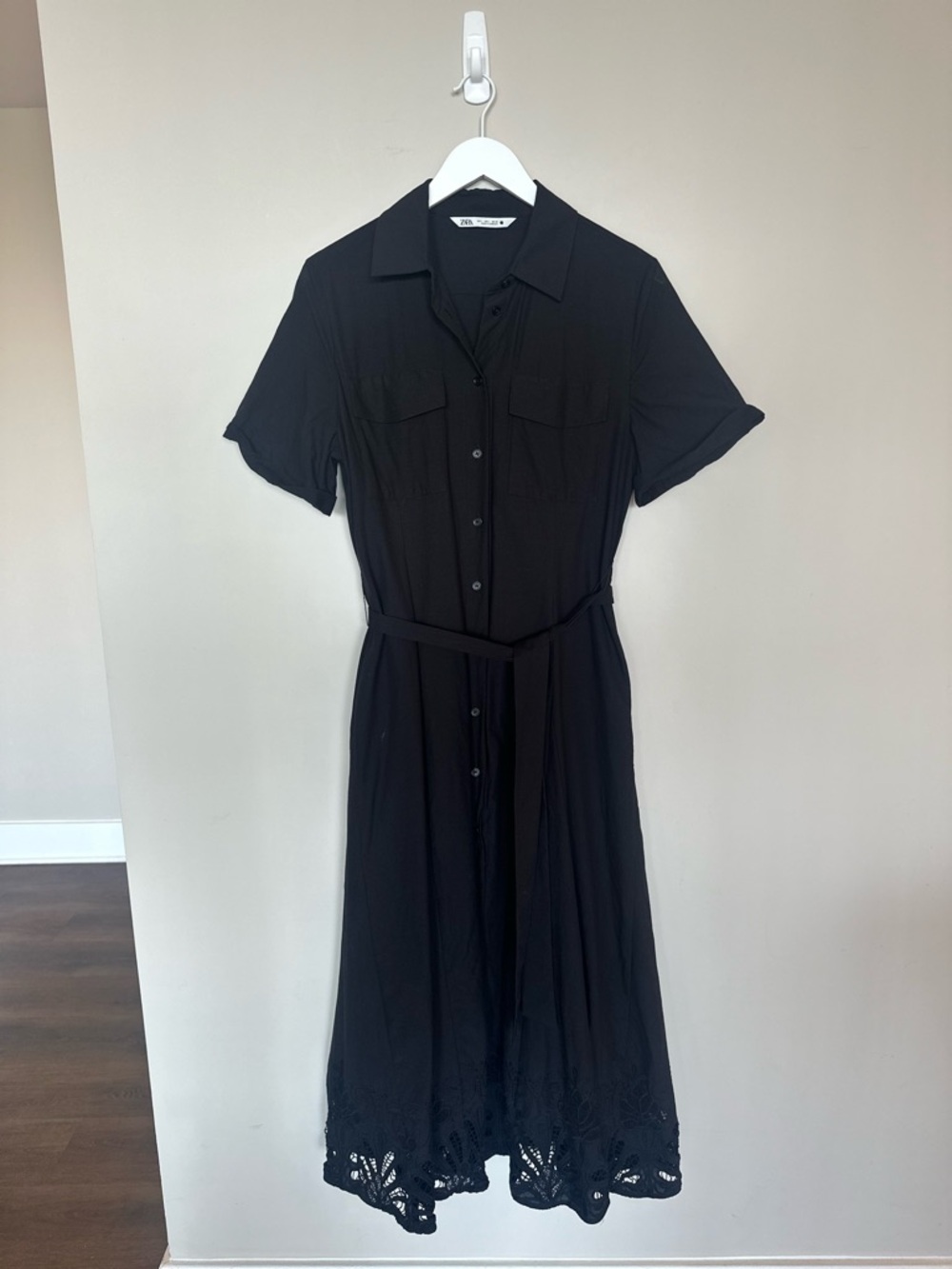 Zara Black Button-Front Midi Shirt Dress with Belt